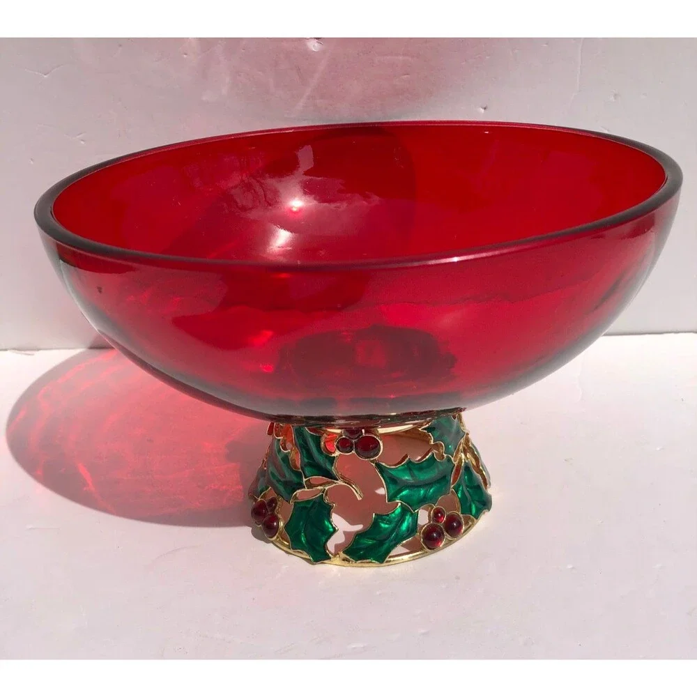 Vintage Ruby Red Glass Holly Berry Christmas Candy Bowl Teleflora Gift footed